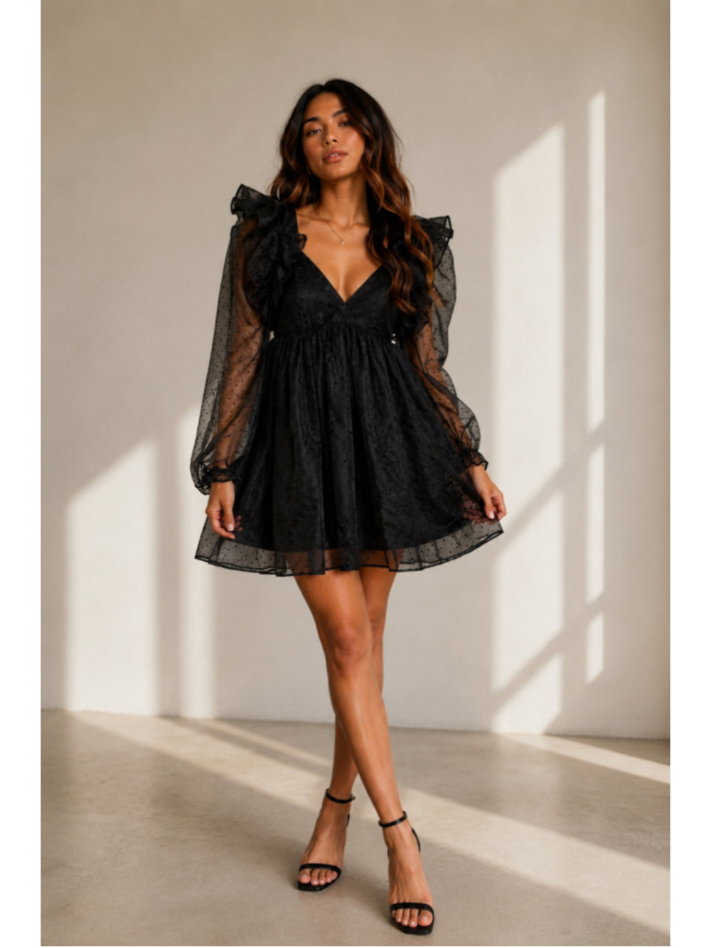 Selkie Sugarfrill Caviar French Puff Dress Midi Black Polka Dot Organza EUC
